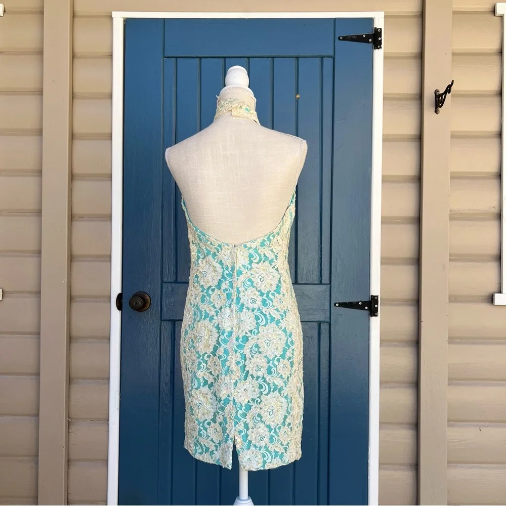 Vintage High-Neck Aqua Midi Dress Lace Overlay with embroidery pearl Size XS - Picture 4 of 9
